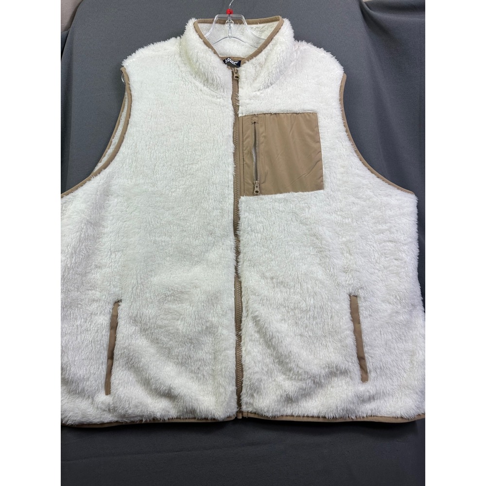 Lands End Women 3X White Sherpa Fleece Full Zip Vest Tan Trim Plus Size 24W-26W